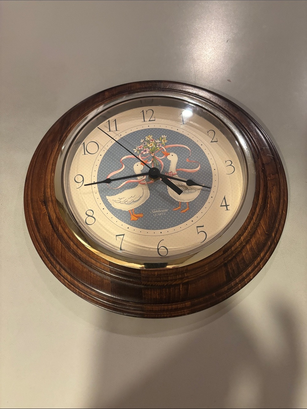 Vintage Sunbeam Quartz Wall Clock with White Geese Illustration in Brown Frame